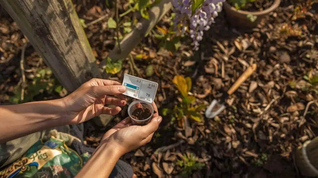 Gardener testing soil pH near wisteria plant showing alkaline reading of 7.8 that causes iron lockout