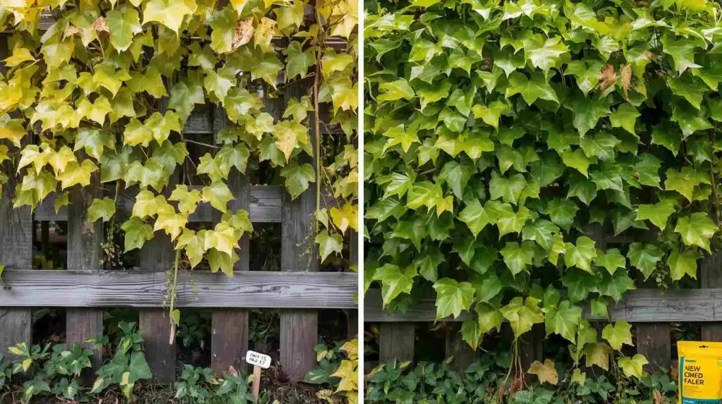 Before and after photos showing wisteria yellow leaf recovery after soil pH correction from 7.8 to 6.5 over 8 weeks